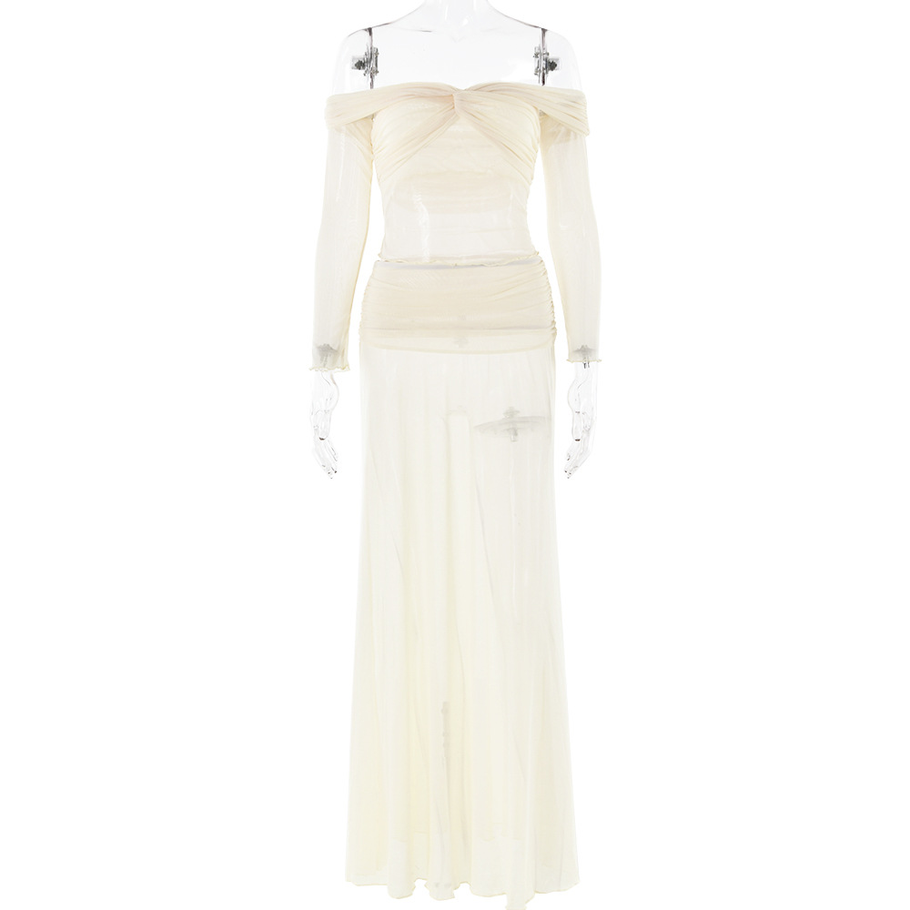 Designsoo Off-Shoulder Sheer Long Sleeve Ruffled Dress Set