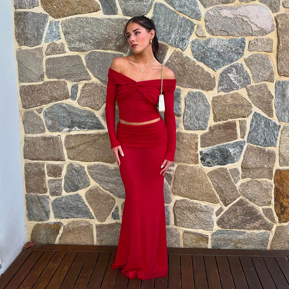 Designsoo Off-Shoulder Sheer Long Sleeve Ruffled Dress Set