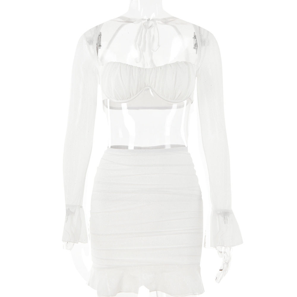 Designsoo Pure Seduction Sexy Square Neck Bell Sleeve Backless Patchwork Pencil Skirt Set