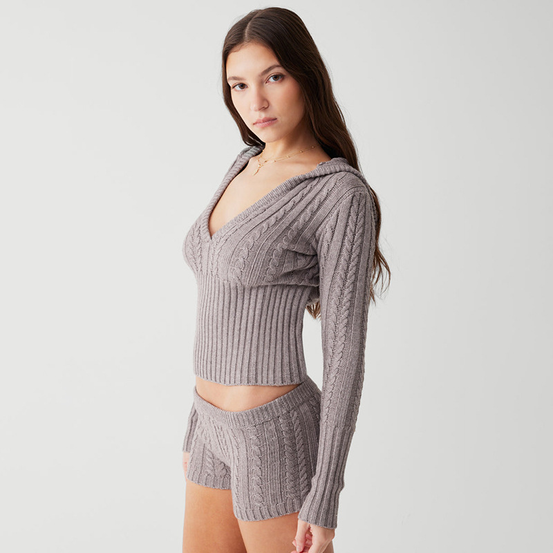 Designsoo Sexy Babe Long Sleeve Crop Top and Shorts Set