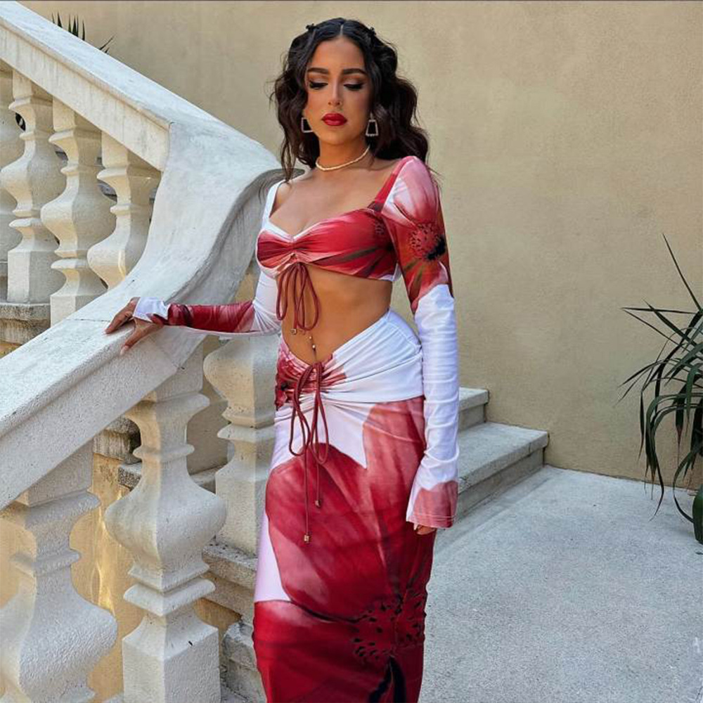 Designsoo Sexy Babe Printed Drawstring Backless Long Sleeve Skirt Set