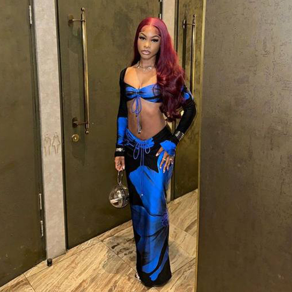 Designsoo Sexy Babe Printed Drawstring Backless Long Sleeve Skirt Set