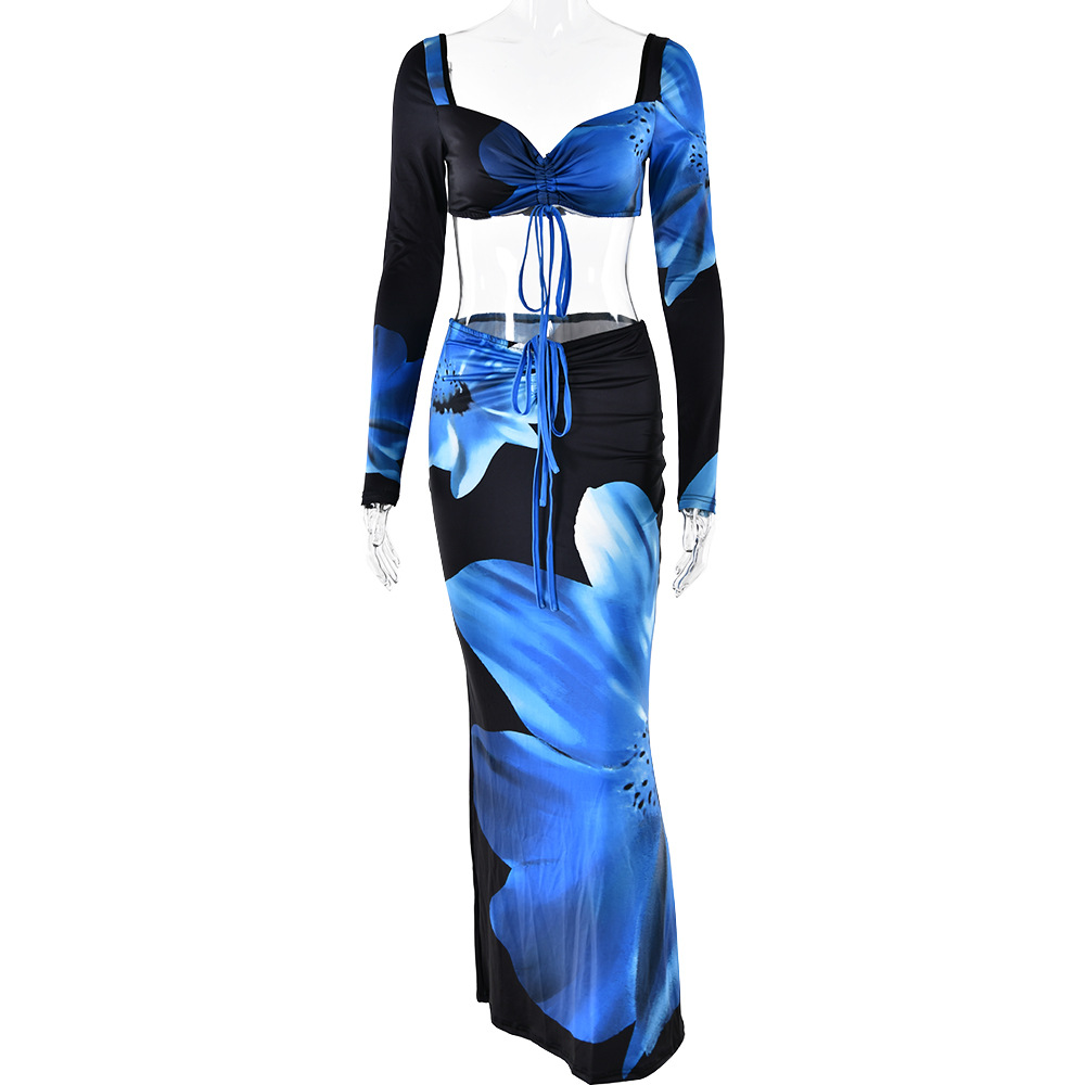 Designsoo Sexy Babe Printed Drawstring Backless Long Sleeve Skirt Set