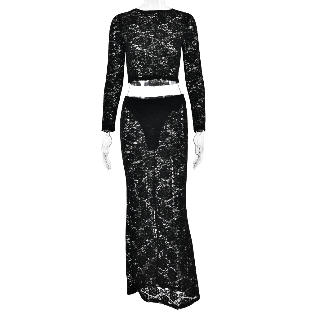 Designsoo Sexy Babe Sheer Lace Long Sleeve High-Slit Maxi Dress Set
