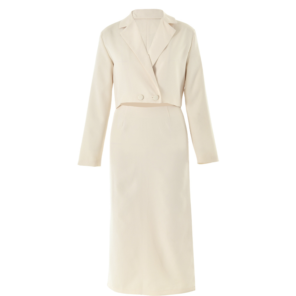 Designsoo Sexy Chic V-Neck Cropped Blazer with High-Slit Skirt Set