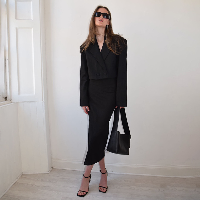 Designsoo Sexy Chic V-Neck Cropped Blazer with High-Slit Skirt Set