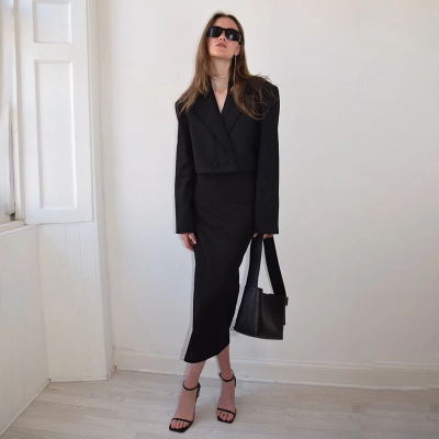 Designsoo Sexy Chic V-Neck Cropped Blazer with High-Slit Skirt Set 01