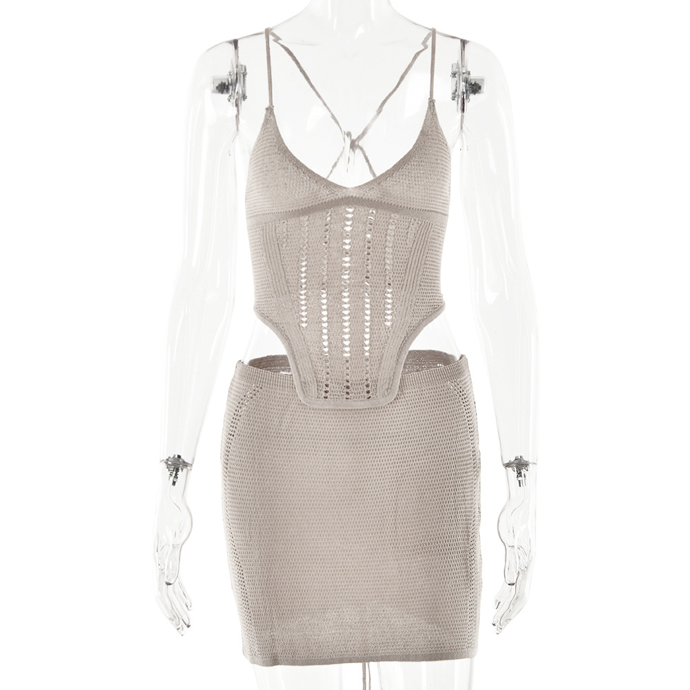 Designsoo Sexy Fashion Halter Backless Mini Skirt Knit Set