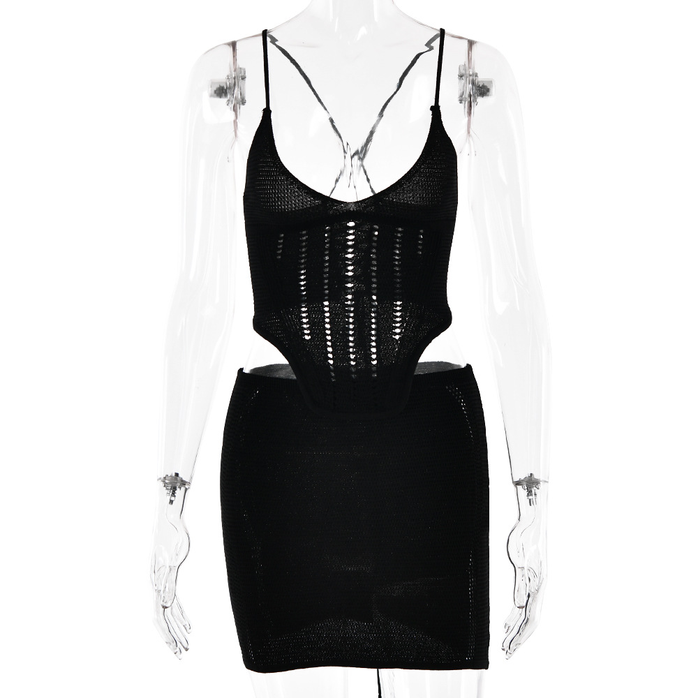 Designsoo Sexy Fashion Halter Backless Mini Skirt Knit Set