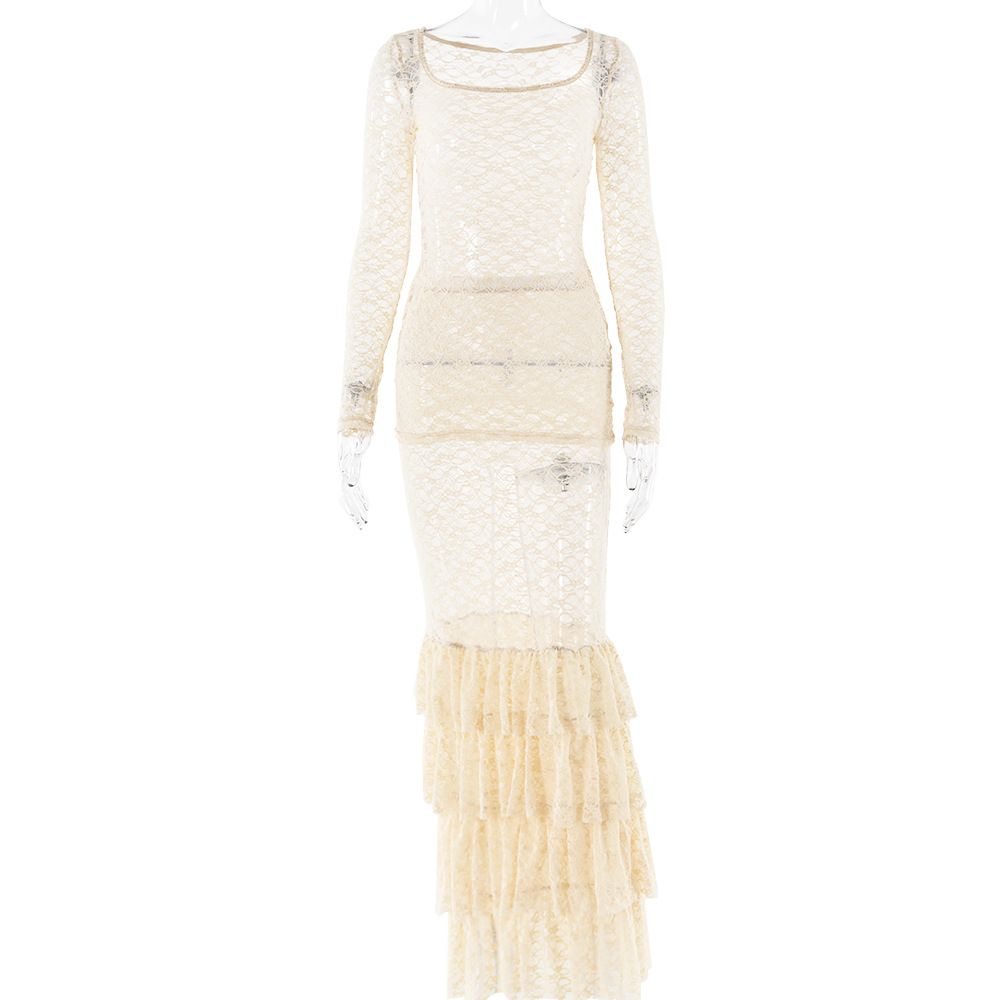 Designsoo Sexy Fashion Long Sleeve Sheer Layered Long Dress Bodycon Set