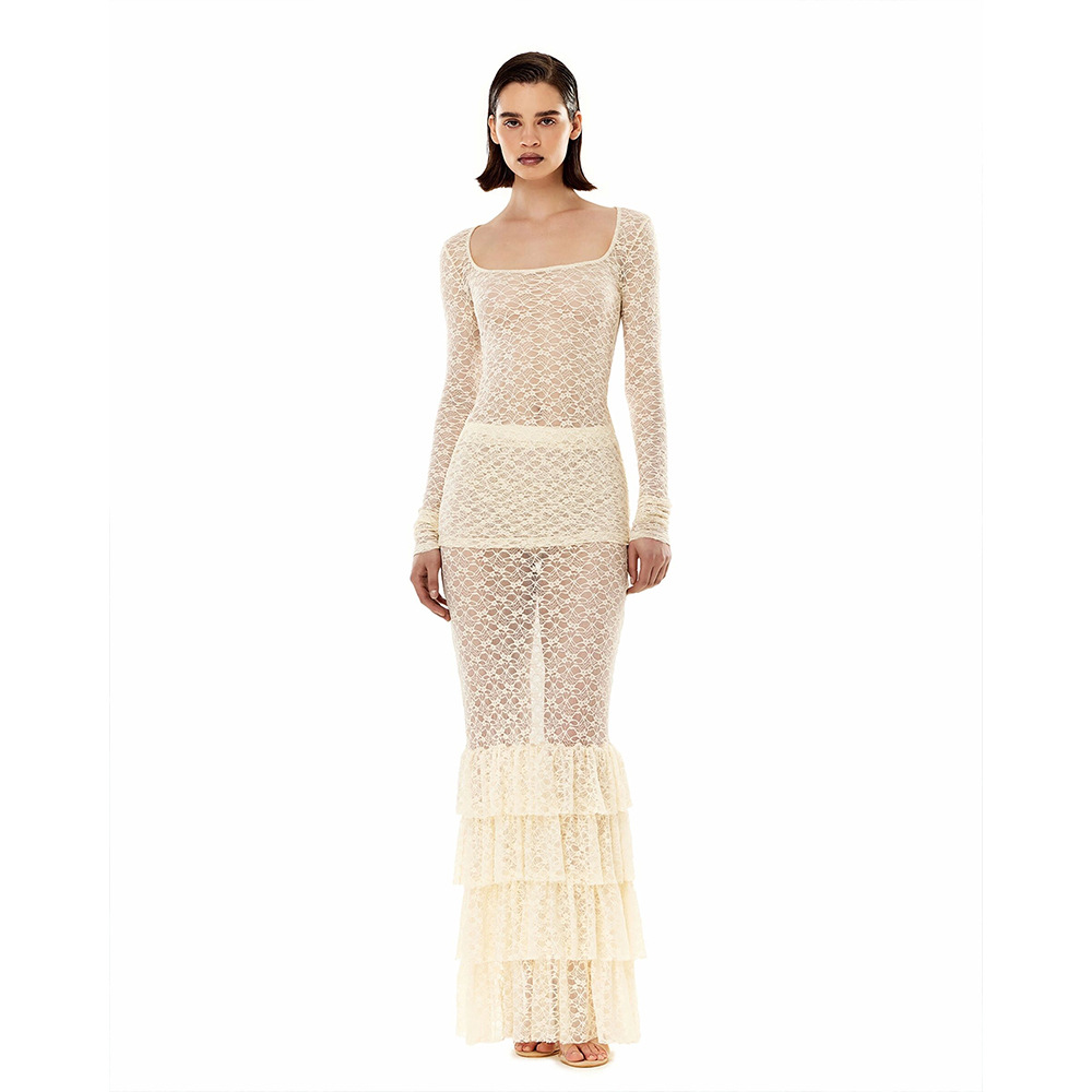 Designsoo Sexy Fashion Long Sleeve Sheer Layered Long Dress Bodycon Set