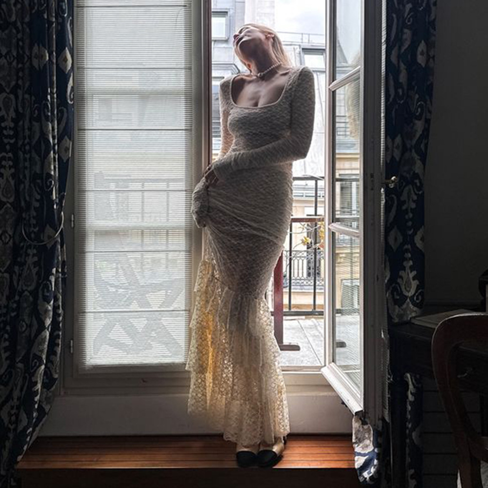 Designsoo Sexy Fashion Long Sleeve Sheer Layered Long Dress Bodycon Set