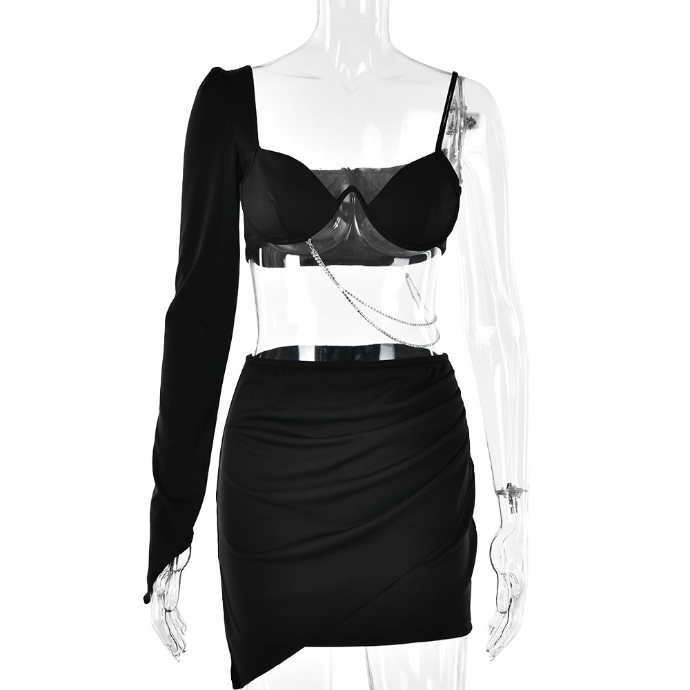 Designsoo Sexy Fashion Patchwork Strap One-Shoulder Sleeve Backless Mini Dress Set