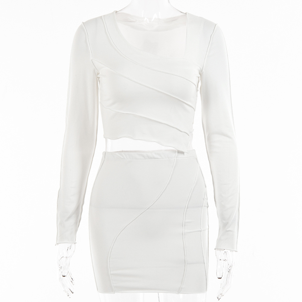 Designsoo Sexy Tight Fashion High-Waisted Skirt Long Sleeve Tee Striped Skirt Set