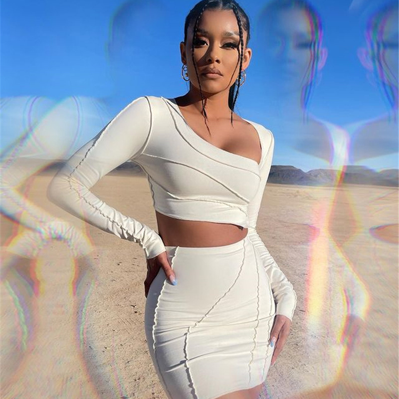 Designsoo Sexy Tight Fashion High-Waisted Skirt Long Sleeve Tee Striped Skirt Set