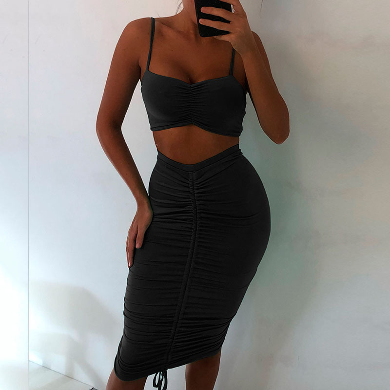 Designsoo Sexy Tight Two-Piece Set Strapless and Spaghetti Strap with Ruched Mini Skirt Set