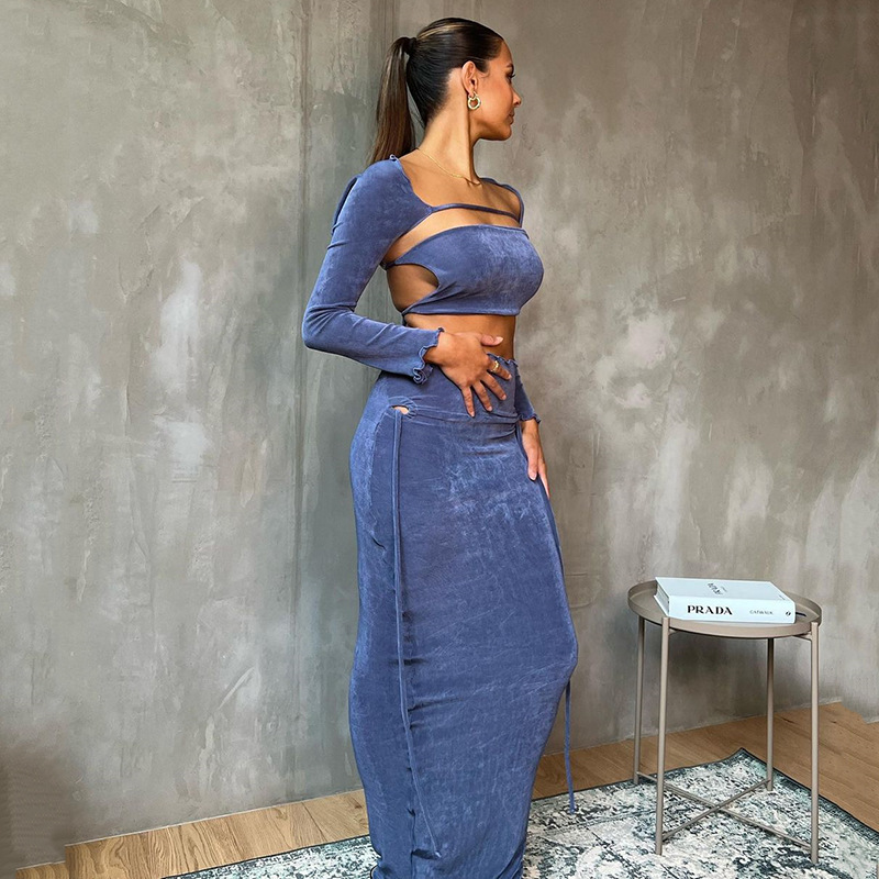 Designsoo Stylish Long Sleeve Backless Tied Maxi Dress Three-Piece Set