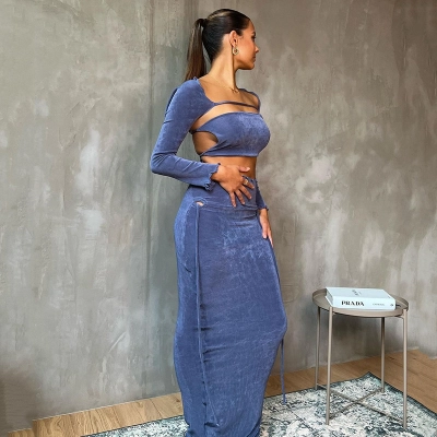 Designsoo Stylish Long Sleeve Backless Tied Maxi Dress Three-Piece Set 02