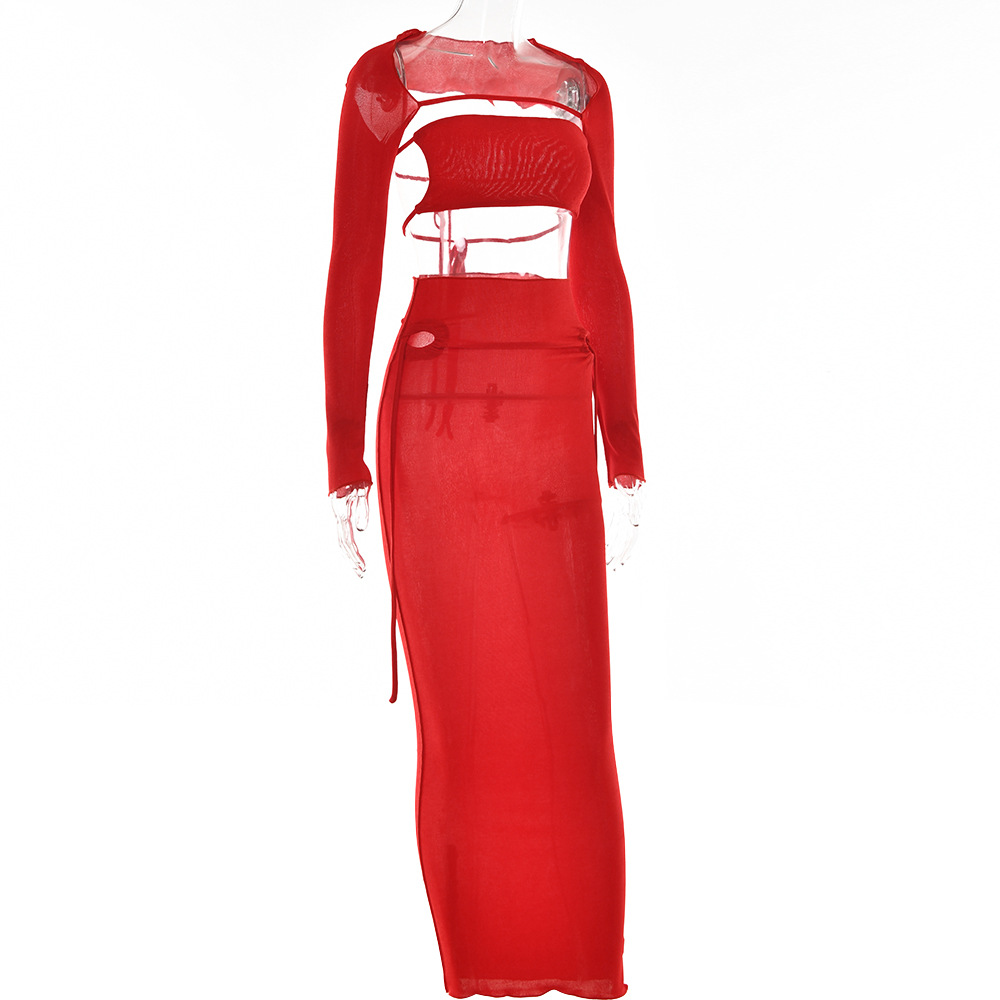 Designsoo Stylish Long Sleeve Backless Tied Maxi Dress Three-Piece Set