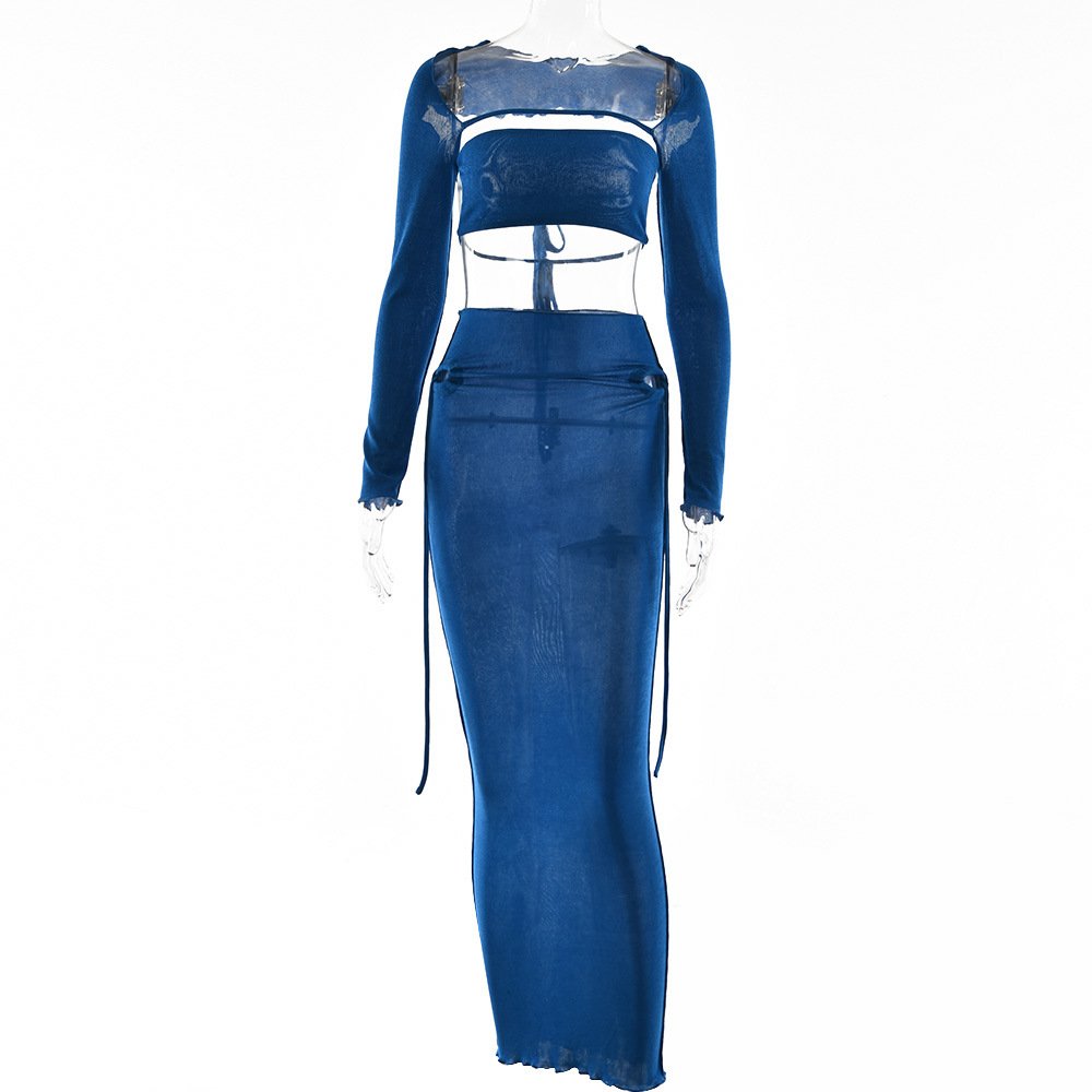 Designsoo Stylish Long Sleeve Backless Tied Maxi Dress Three-Piece Set