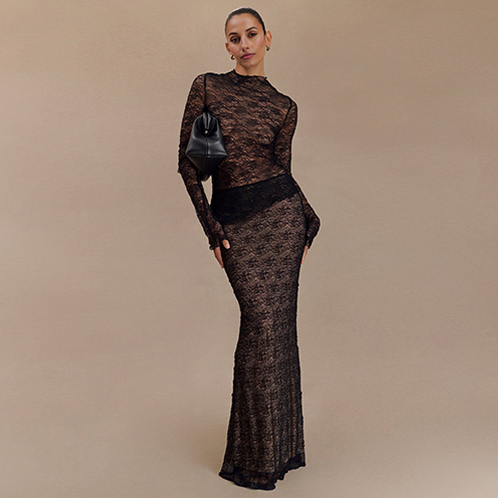 Designsoo Stylish Long Sleeve Sheer T-Shirt Bodycon Skirt Set