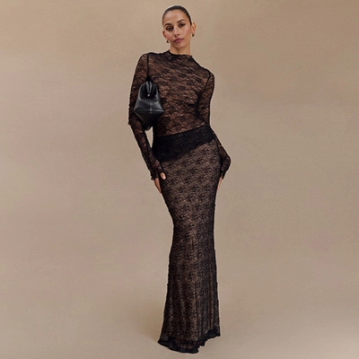 Designsoo Stylish Long Sleeve Sheer T-Shirt Bodycon Skirt Set 01