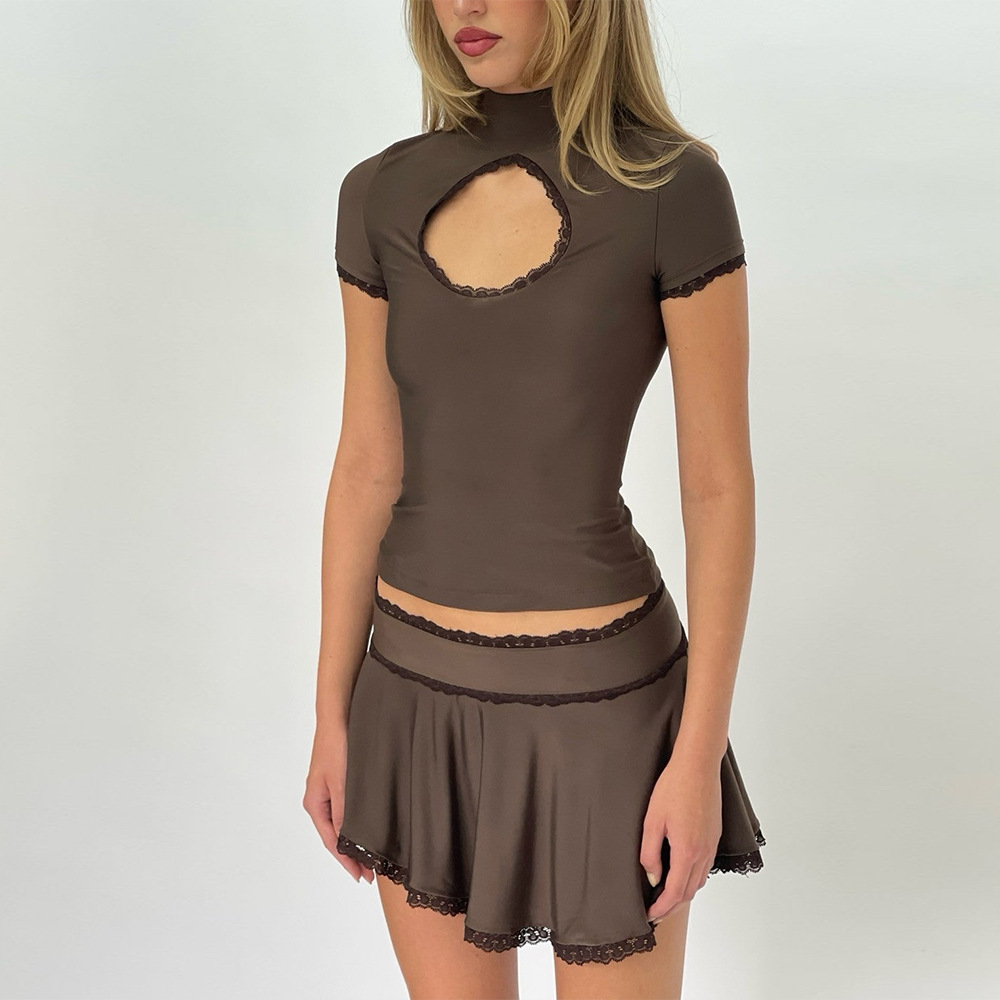 Designsoo Summer Lace Trim Cut-Out Short Sleeve Dress Set