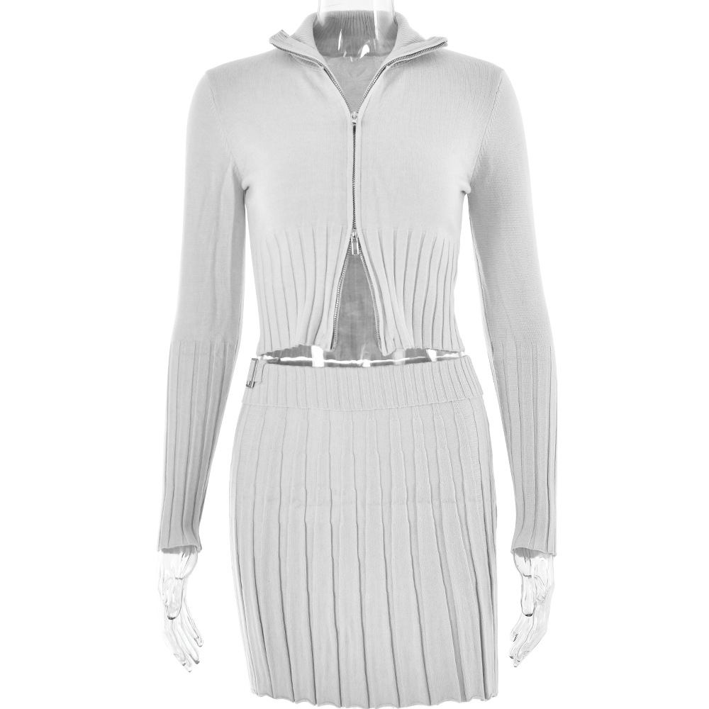 Designsoo Women's Fashionable and Sexy Knit Cardigan Long Sleeve Two-Piece Set with Pleated Mini Skirt