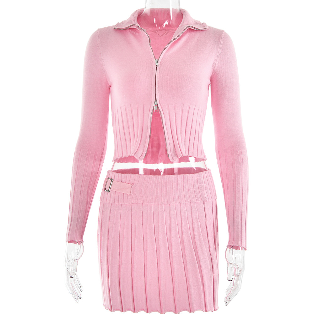 Designsoo Women's Fashionable and Sexy Knit Cardigan Long Sleeve Two-Piece Set with Pleated Mini Skirt