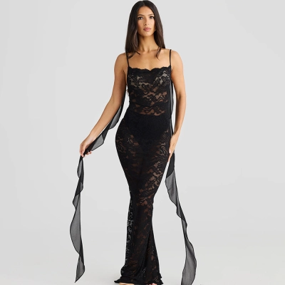 Designsoo Fashionable and Sexy Strap Backless Train Maxi Dress with Ribbon Details and Sheer Panels 01