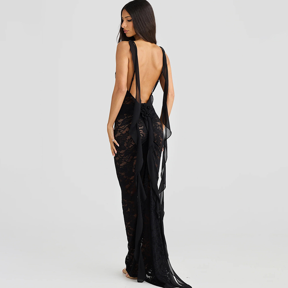 Designsoo Fashionable and Sexy Strap Backless Train Maxi Dress with Ribbon Details and Sheer Panels
