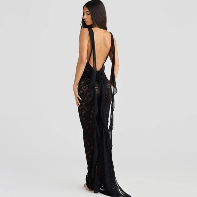 Designsoo Fashionable and Sexy Strap Backless Train Maxi Dress with Ribbon Details and Sheer Panels 02