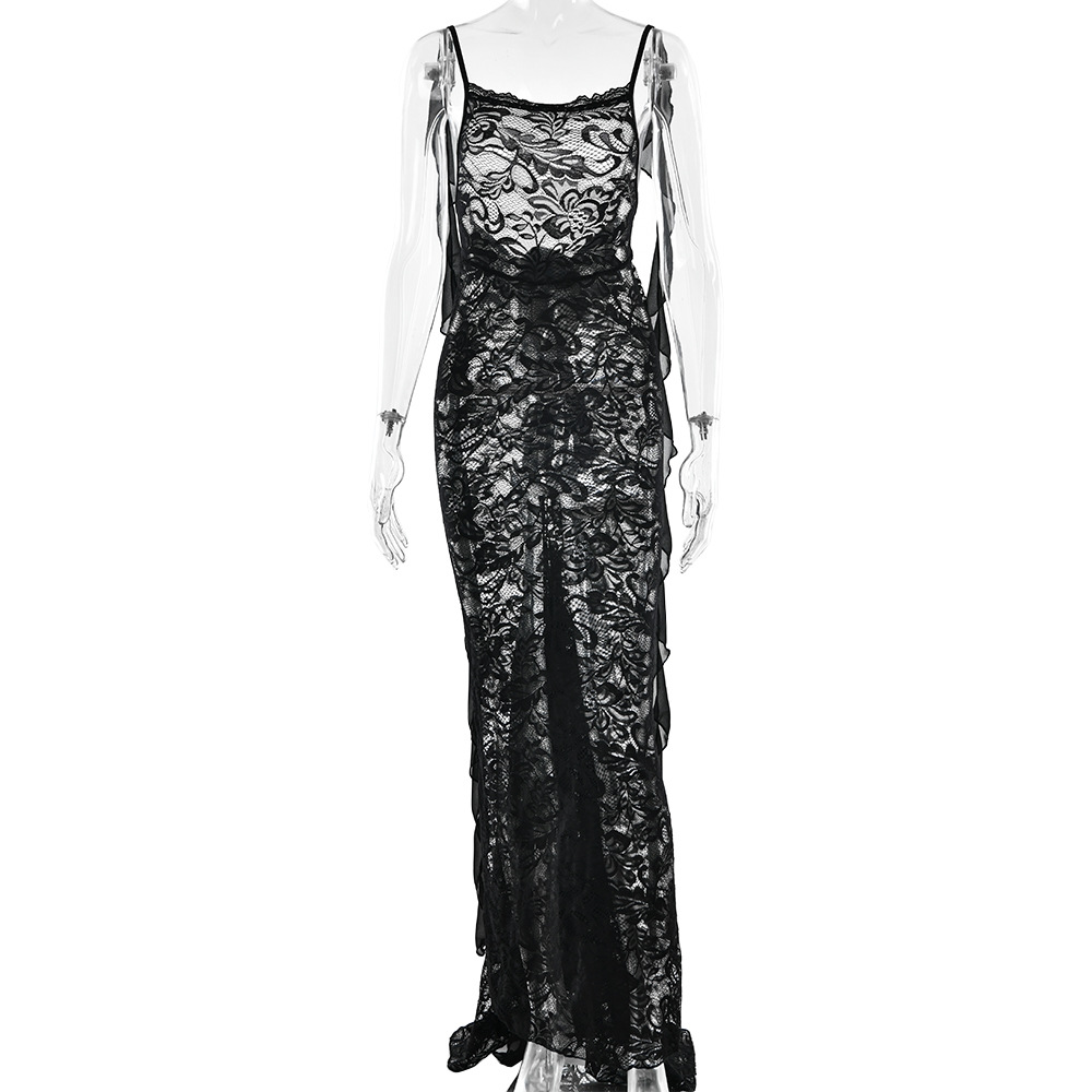 Designsoo Fashionable and Sexy Strap Backless Train Maxi Dress with Ribbon Details and Sheer Panels