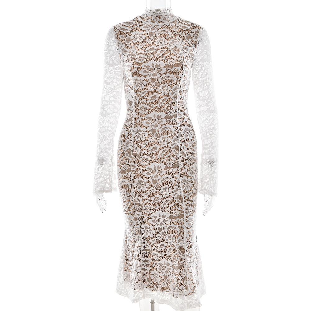 Lace Long Sleeve Round Neck Mermaid Fit Dress