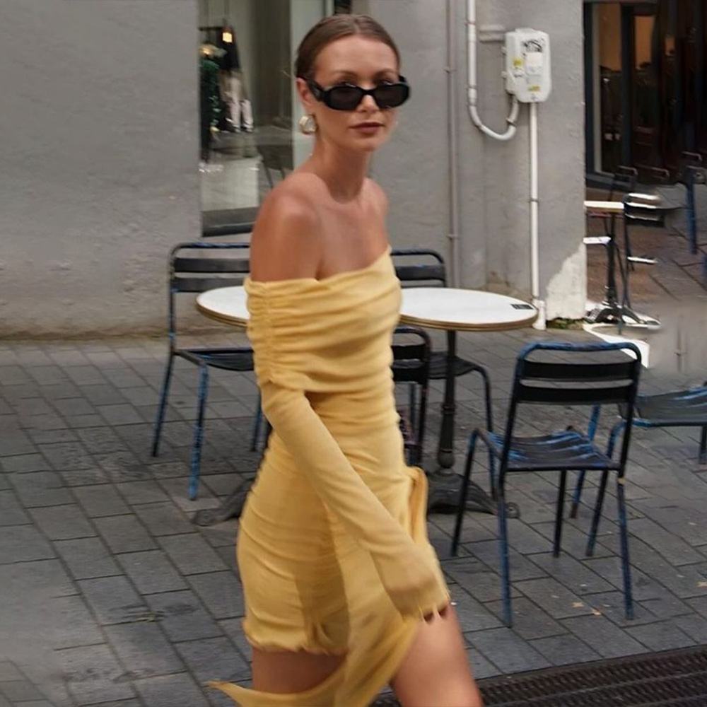 Designsoo Off-the-Shoulder Dress with Long Sleeves and Ruched Pencil Skirt