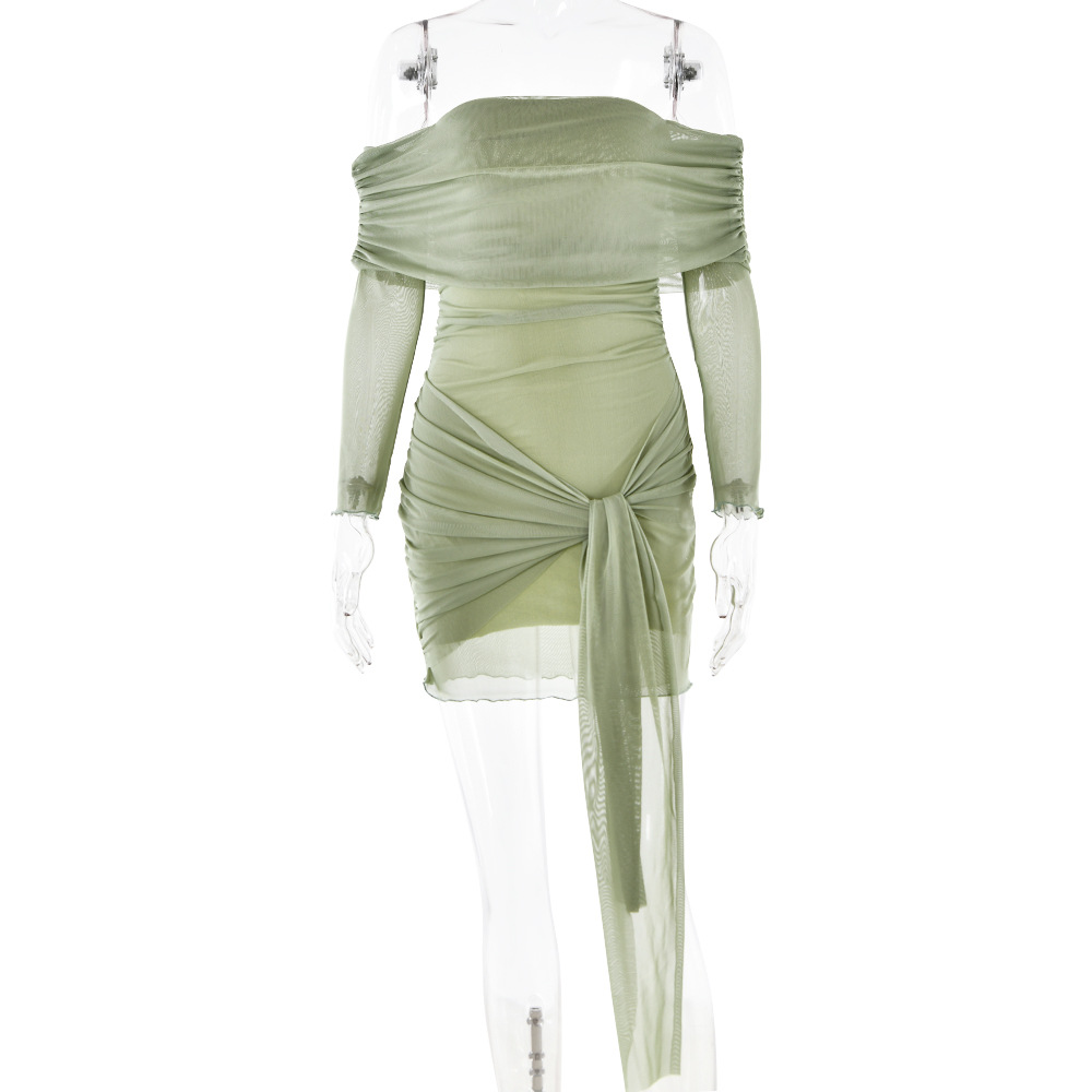 Designsoo Off-the-Shoulder Dress with Long Sleeves and Ruched Pencil Skirt