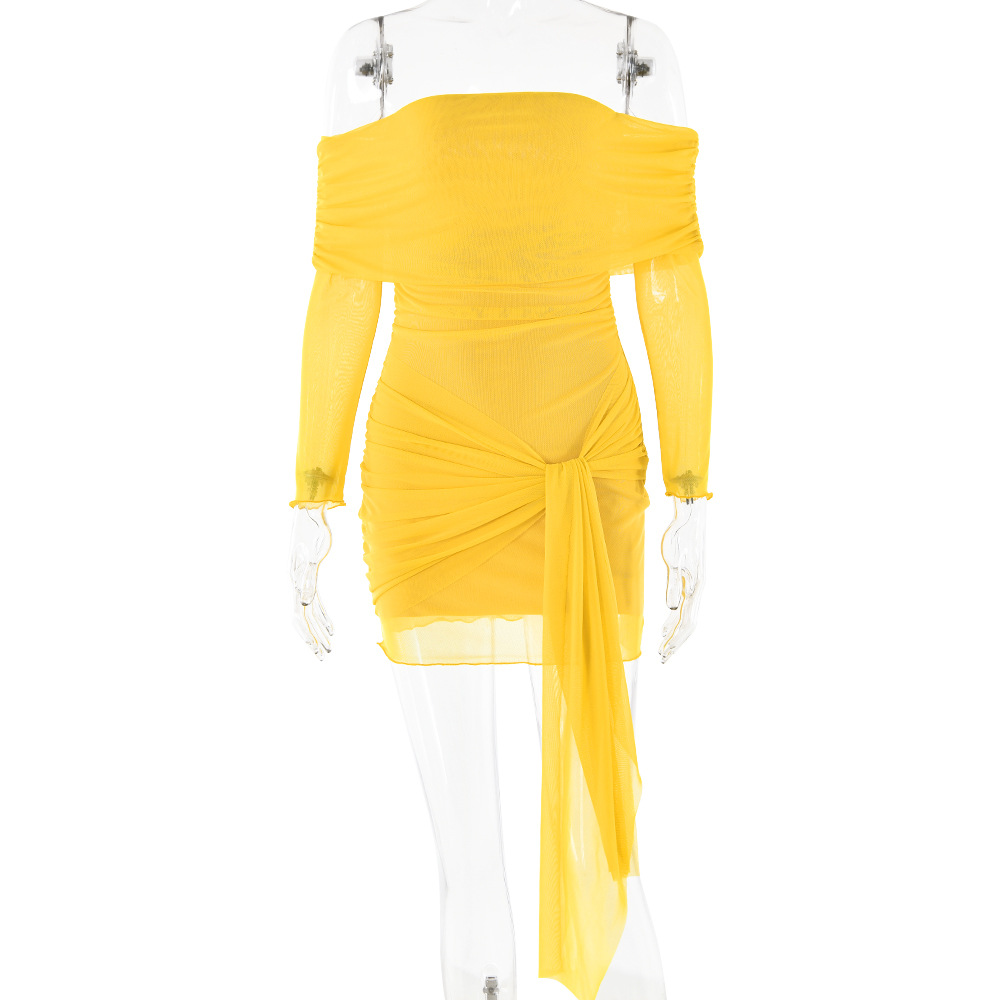 Designsoo Off-the-Shoulder Dress with Long Sleeves and Ruched Pencil Skirt