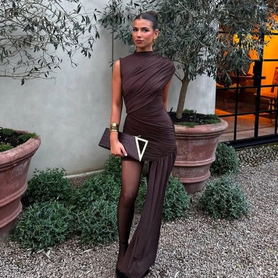 Designsoo Round Neck Ruched Bodycon Asymmetric Sleeveless Dress 01