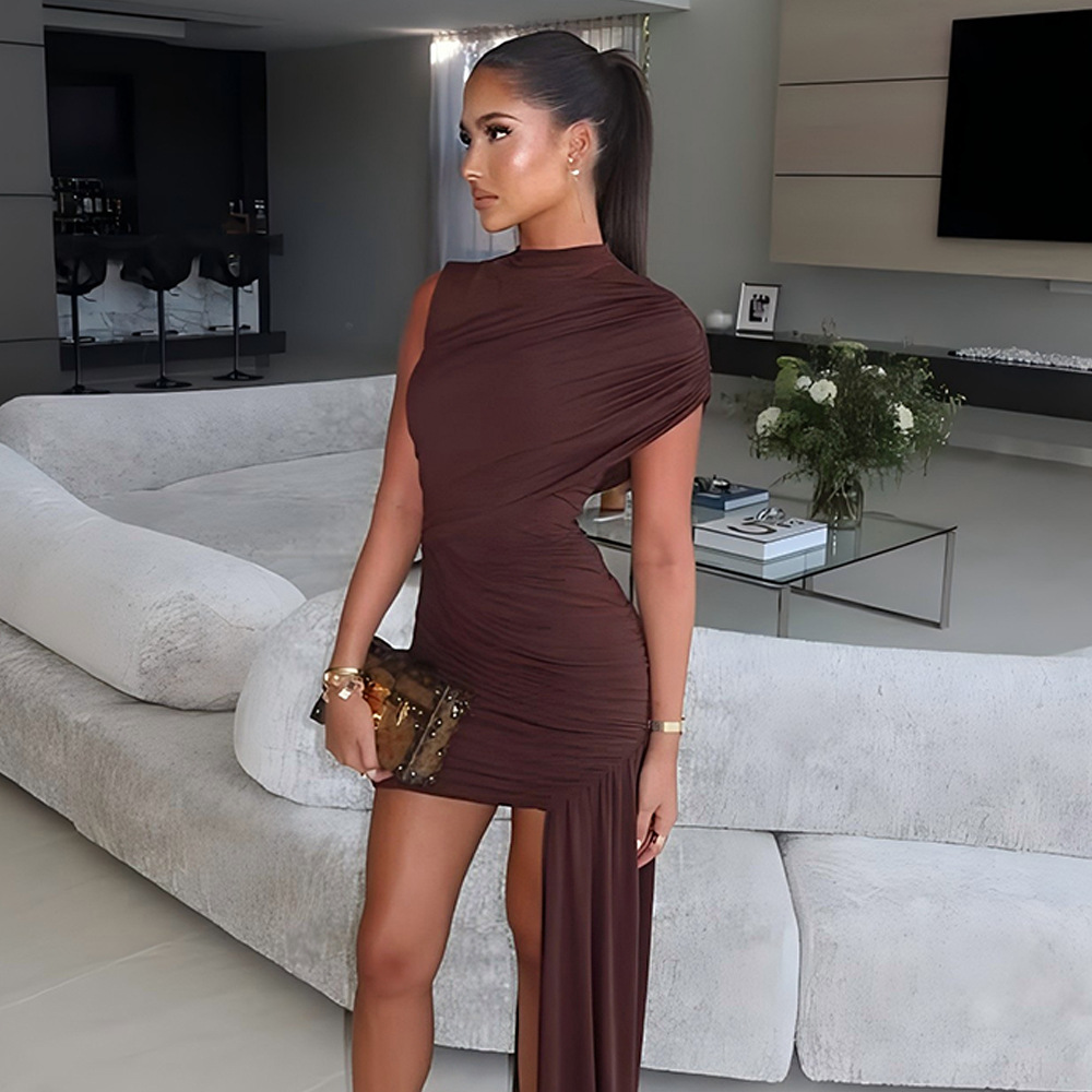 Designsoo Round Neck Ruched Bodycon Asymmetric Sleeveless Dress