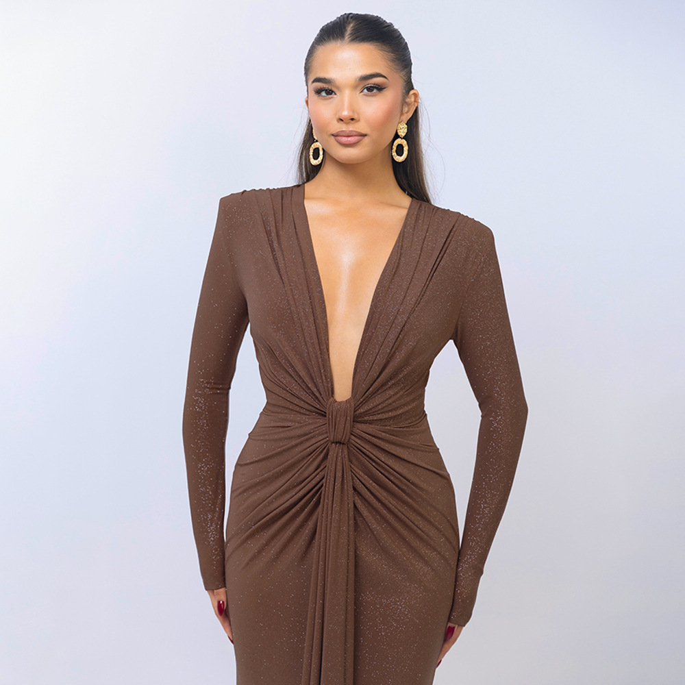 Designsoo Sexy Deep V-Neck Ribbon Detail High Slit Slim Fit Dress