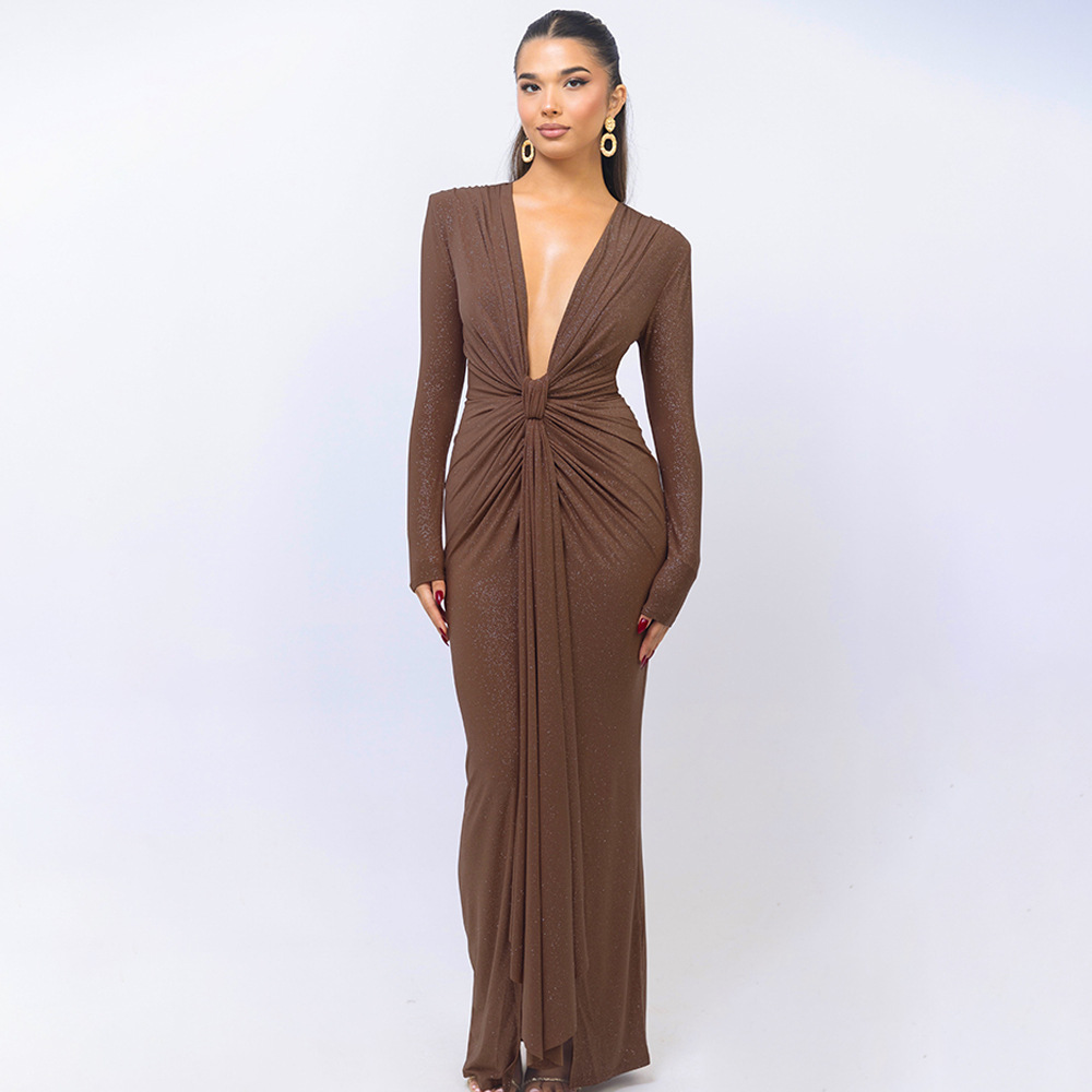 Designsoo Sexy Deep V-Neck Ribbon Detail High Slit Slim Fit Dress
