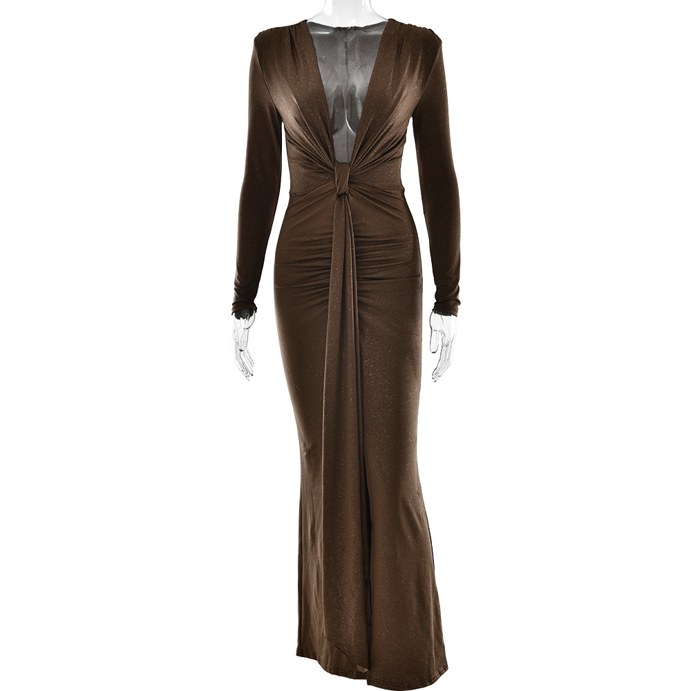 Designsoo Sexy Deep V-Neck Ribbon Detail High Slit Slim Fit Dress