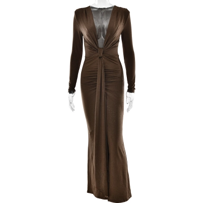 Designsoo Sexy Deep V-Neck Ribbon Detail High Slit Slim Fit Dress 02