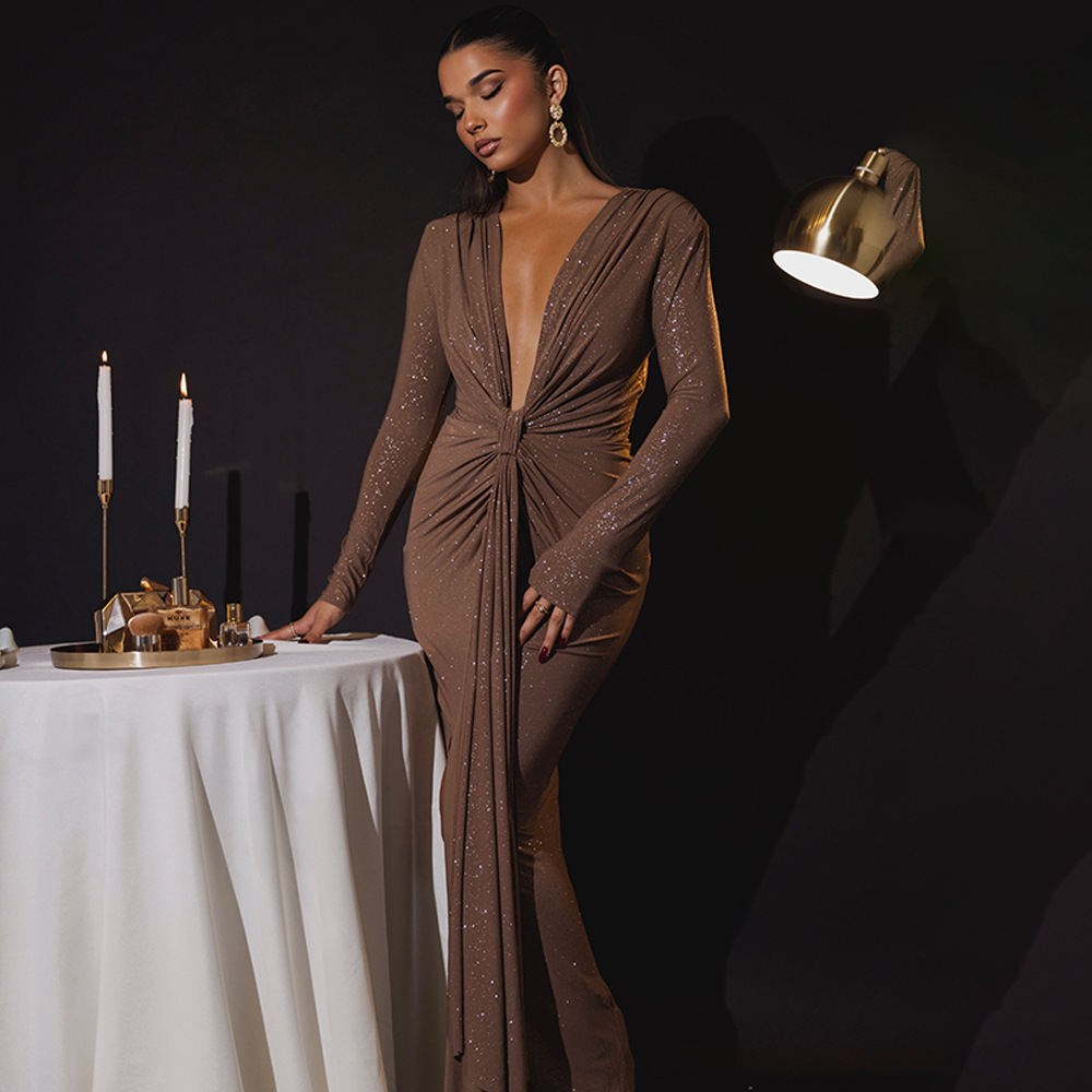 Designsoo Sexy Deep V-Neck Ribbon Detail High Slit Slim Fit Dress