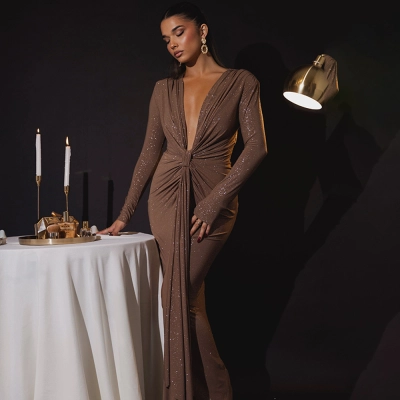 Designsoo Sexy Deep V-Neck Ribbon Detail High Slit Slim Fit Dress 01