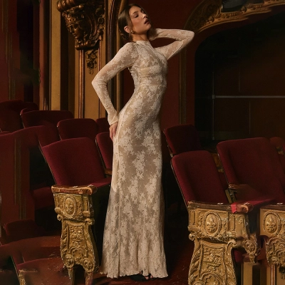 Designsoo Sexy Lace Long-Sleeve Round-Neck Bodycon Midi Dress with French Style Cut-Outs 01