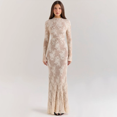 Designsoo Sexy Lace Long-Sleeve Round-Neck Bodycon Midi Dress with French Style Cut-Outs 02