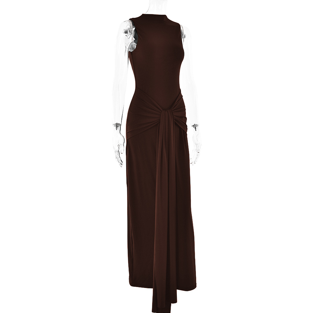 Designsoo Stylish Round-Neck Sleeveless Tie-Waist Bodycon Solid Color Maxi Dress