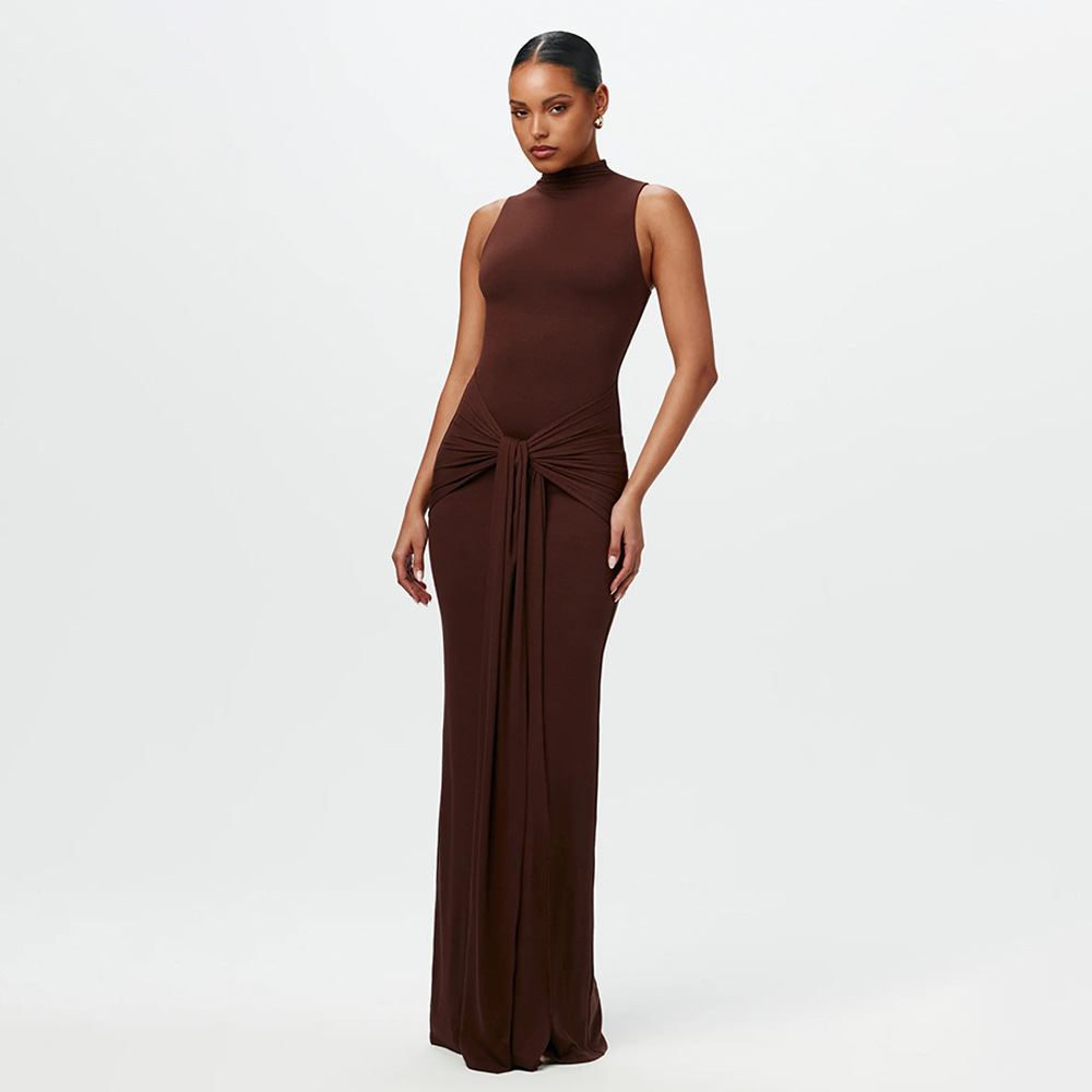 Designsoo Stylish Round-Neck Sleeveless Tie-Waist Bodycon Solid Color Maxi Dress