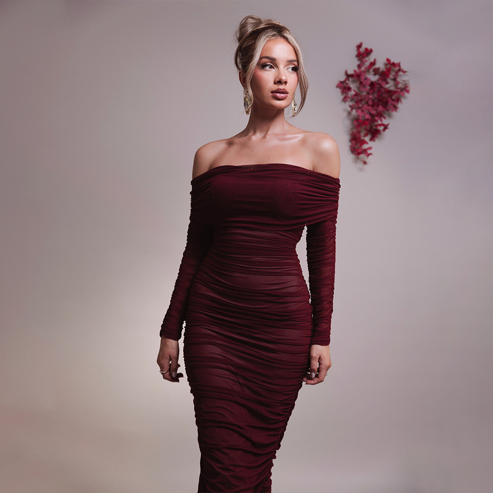 Designsoo Tulle Off-the-Shoulder Ruched Bodycon Long Sleeve Maxi Dress - European and American Style